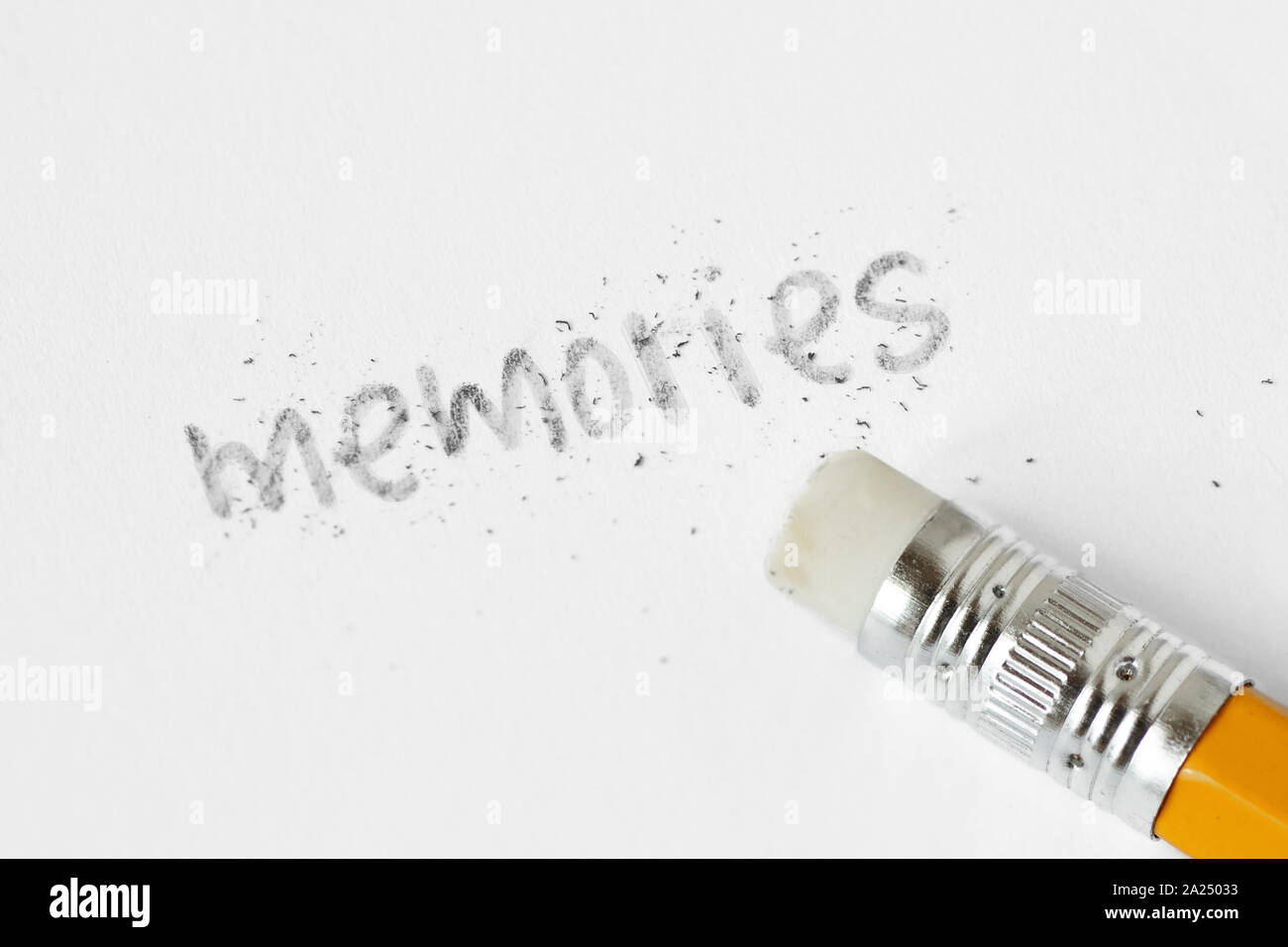 The word memories written with a pencil and erased with rubber - Concept of fading memories Stock Photo