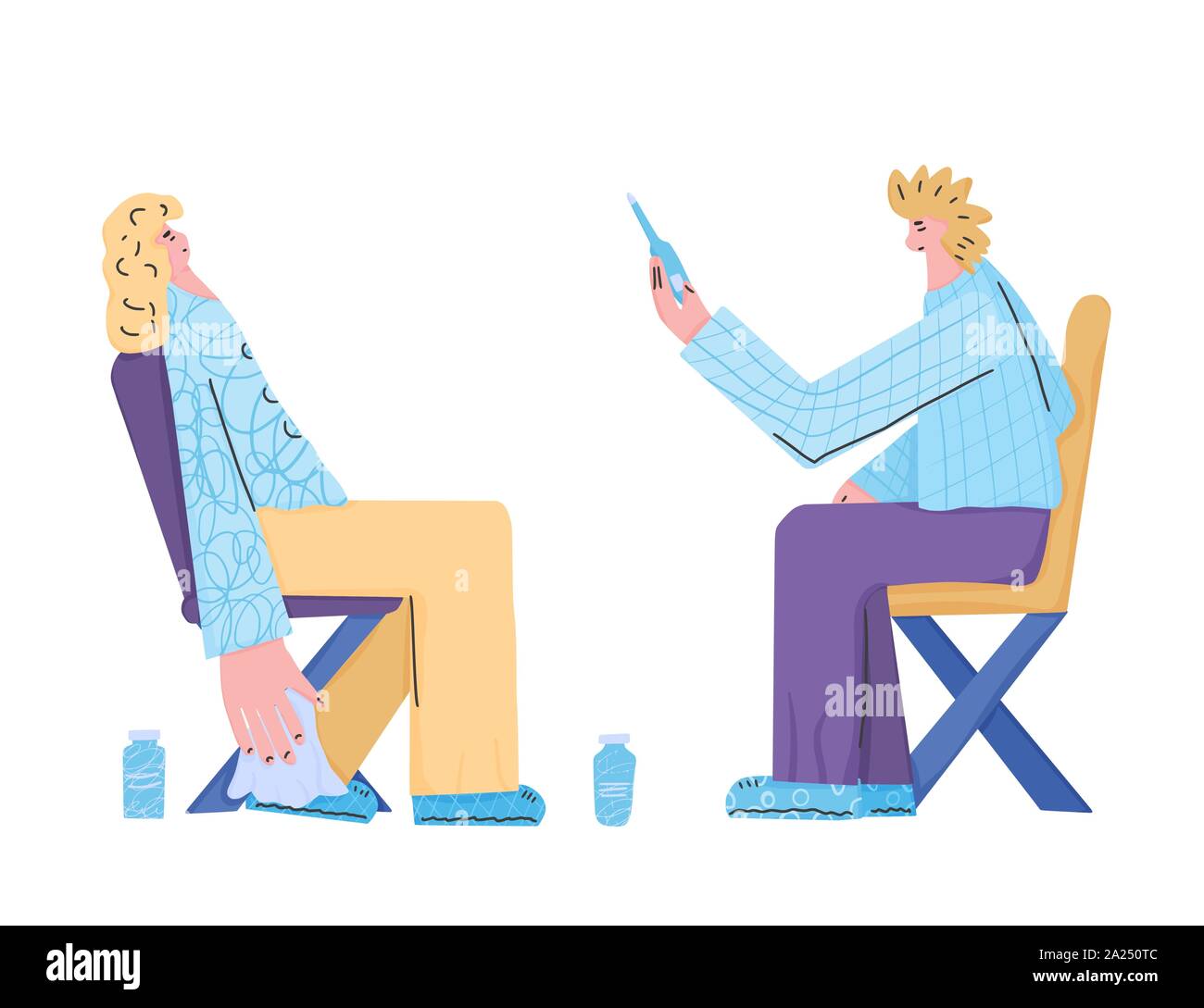 Flu treatment. Young female character sitting on the chair with running