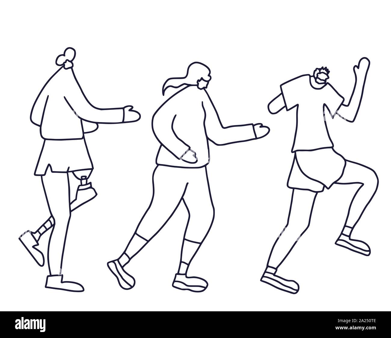 Runners. Different persons jogging isolated. Vector illustration in doodle style. Stock Vector