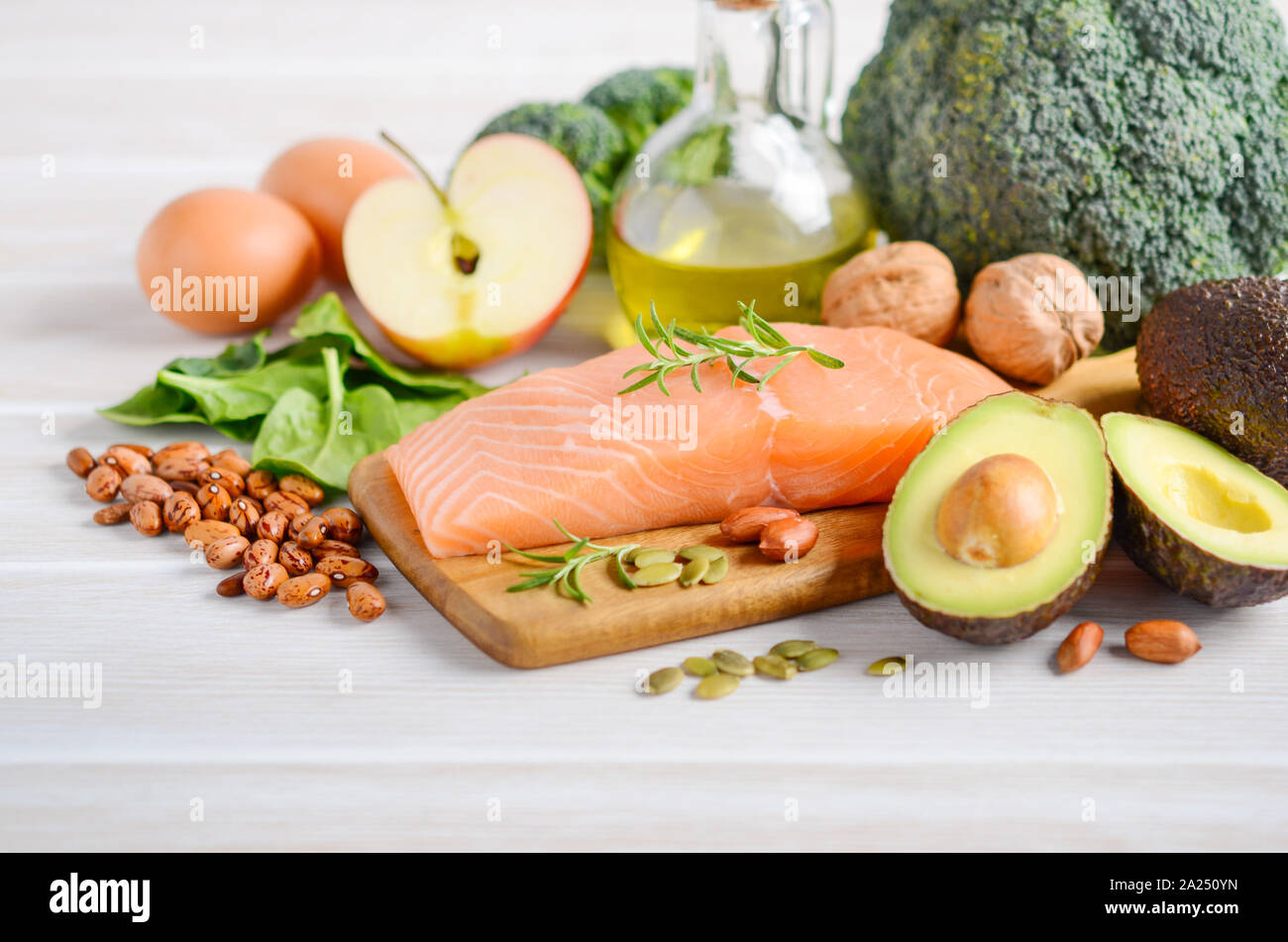 Selection of healthy products. Balanced diet concept. Stock Photo