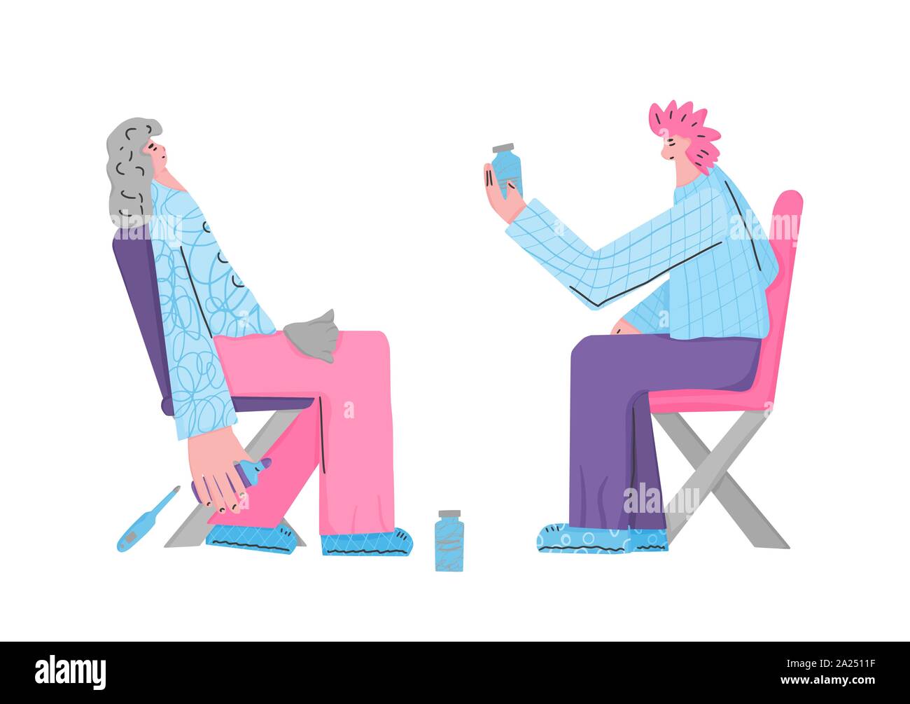 Flu treatment. Young female character sitting on the chair with running