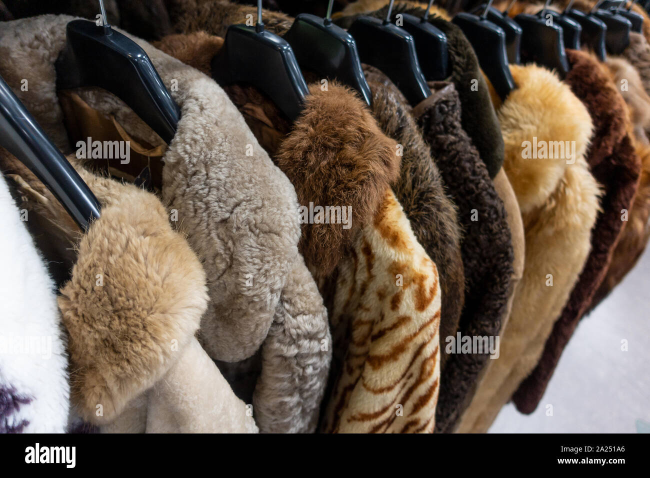 Rail of secondhand fur coats for sale in a thrift store or charity shop ...