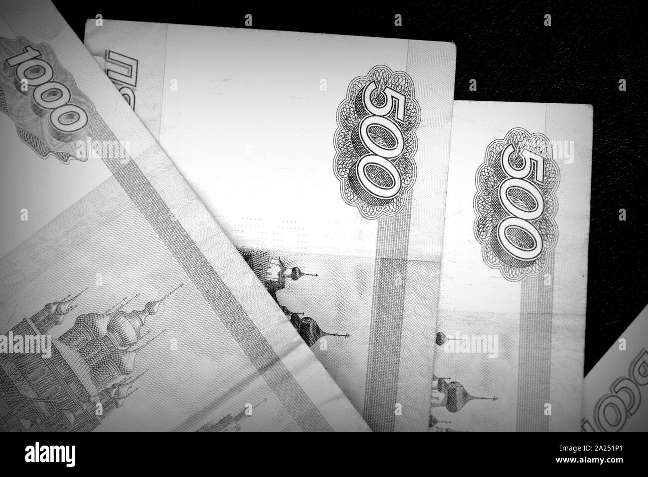 Russian Rubles Close Up Black And White Money Background Stock