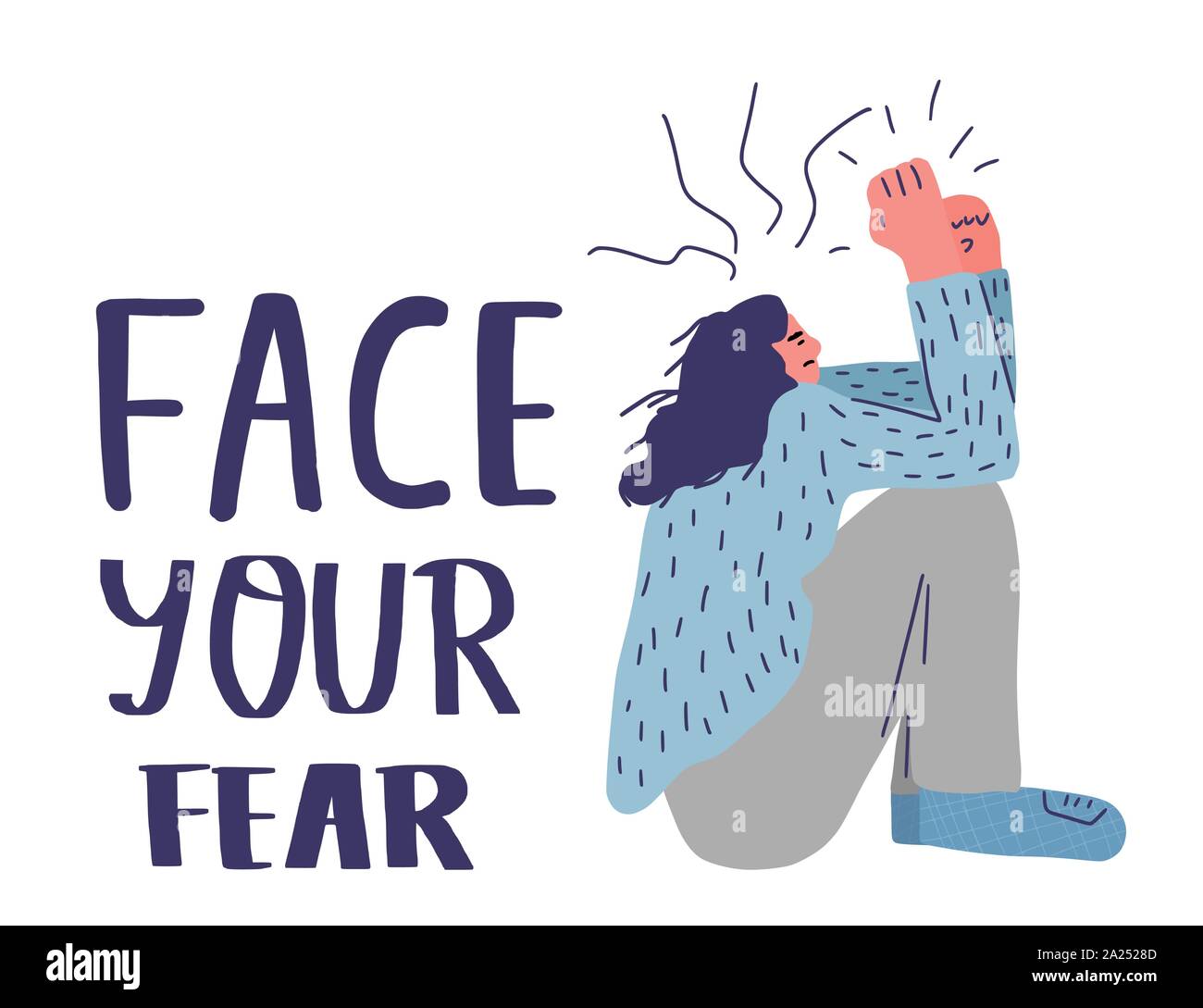 Face your fear. Psychological problems concept. Young woman sitting on the floor with phobia and hand drawn text solated on white background. Vector i Stock Vector