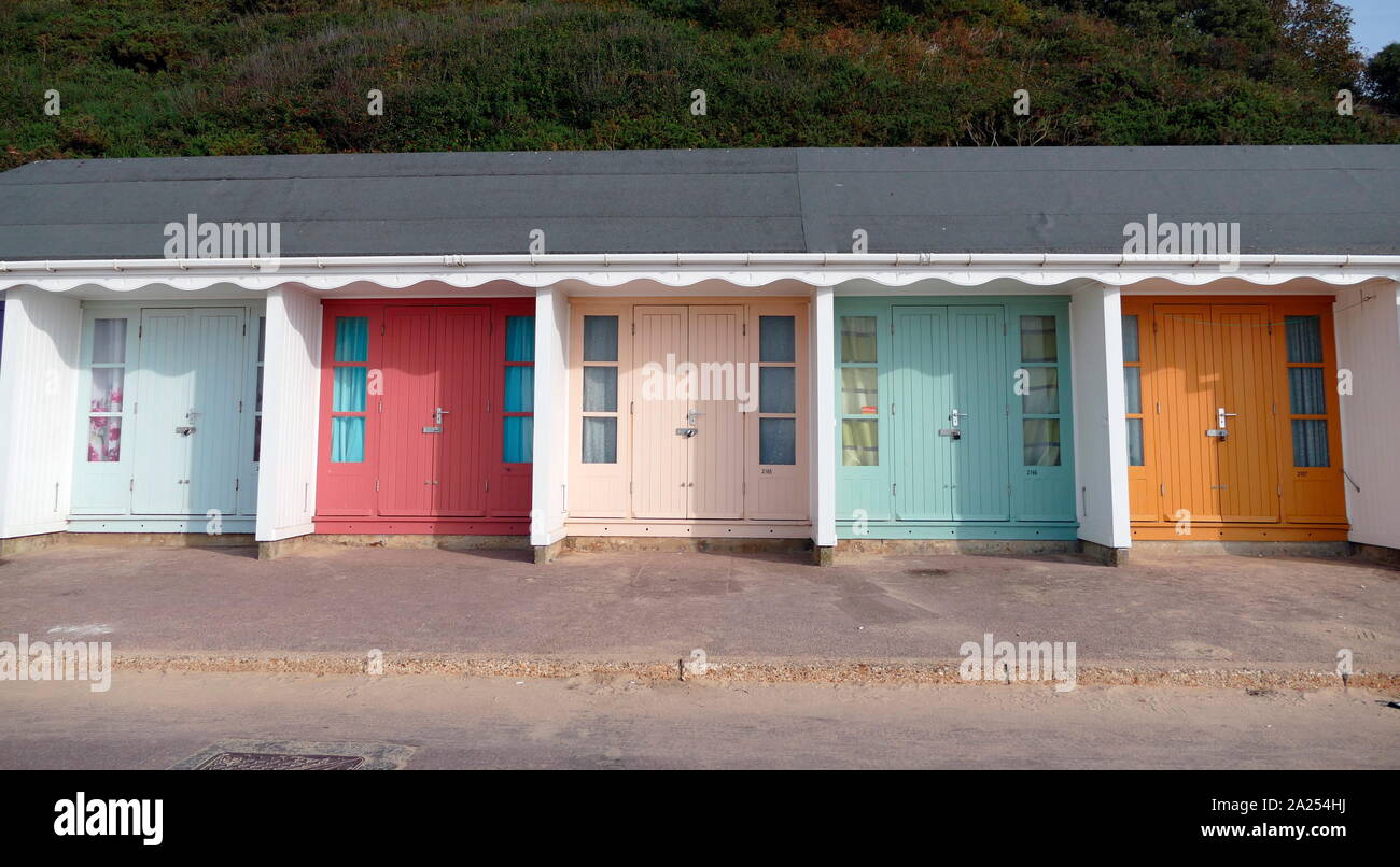 Beach Hut for hire at Alum Chine, Dorsetshire, England. A traditional facility for family beach holidays these huts date to the 1950's Stock Photo