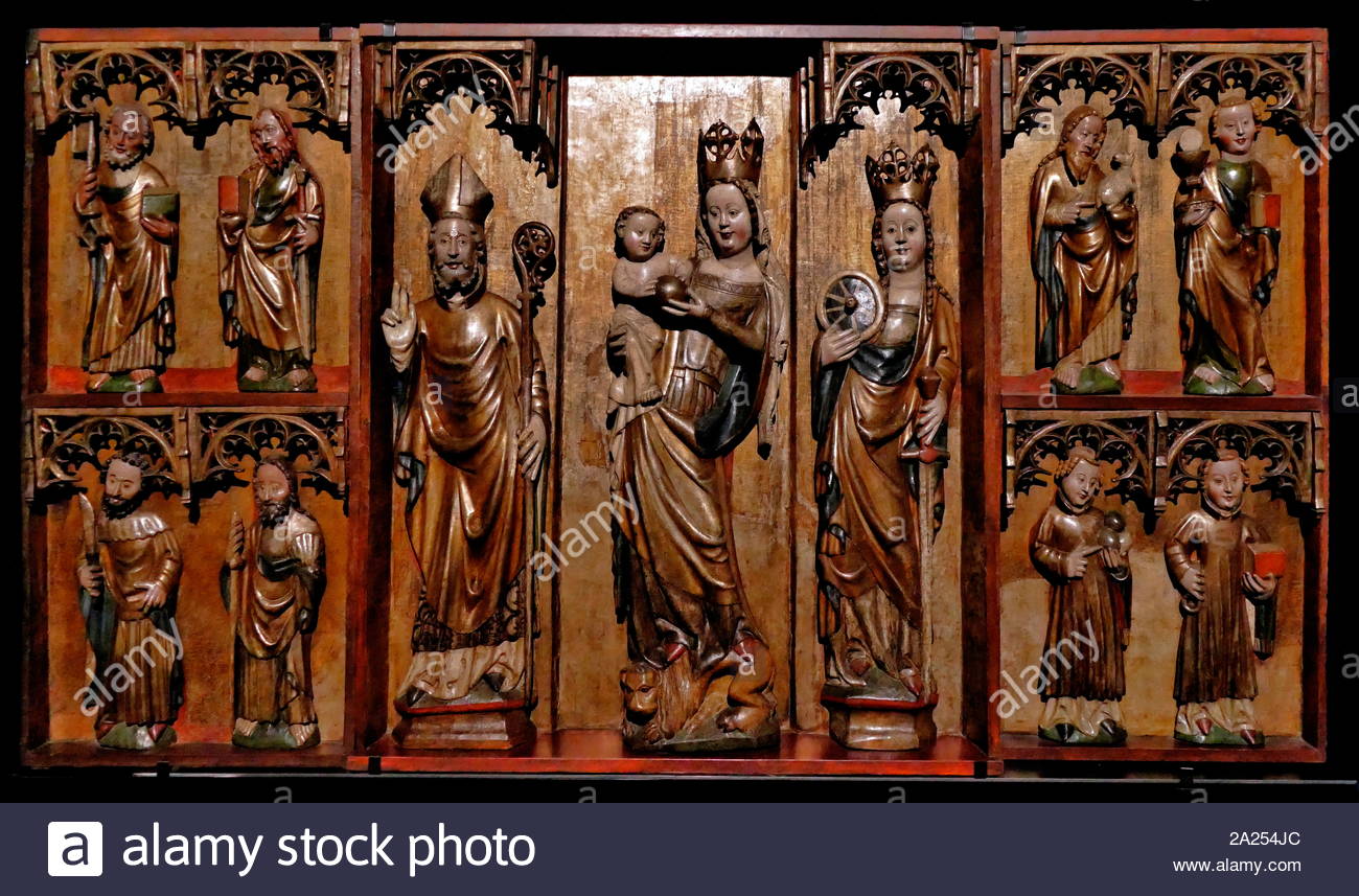 Triptych of the Virgin and Child, with Saints. Triptych of Luczyna (Luzine). Wroclaw (Breslau), Poland. Circa 1370. Lime wood with paint and silver leaf Stock Photo