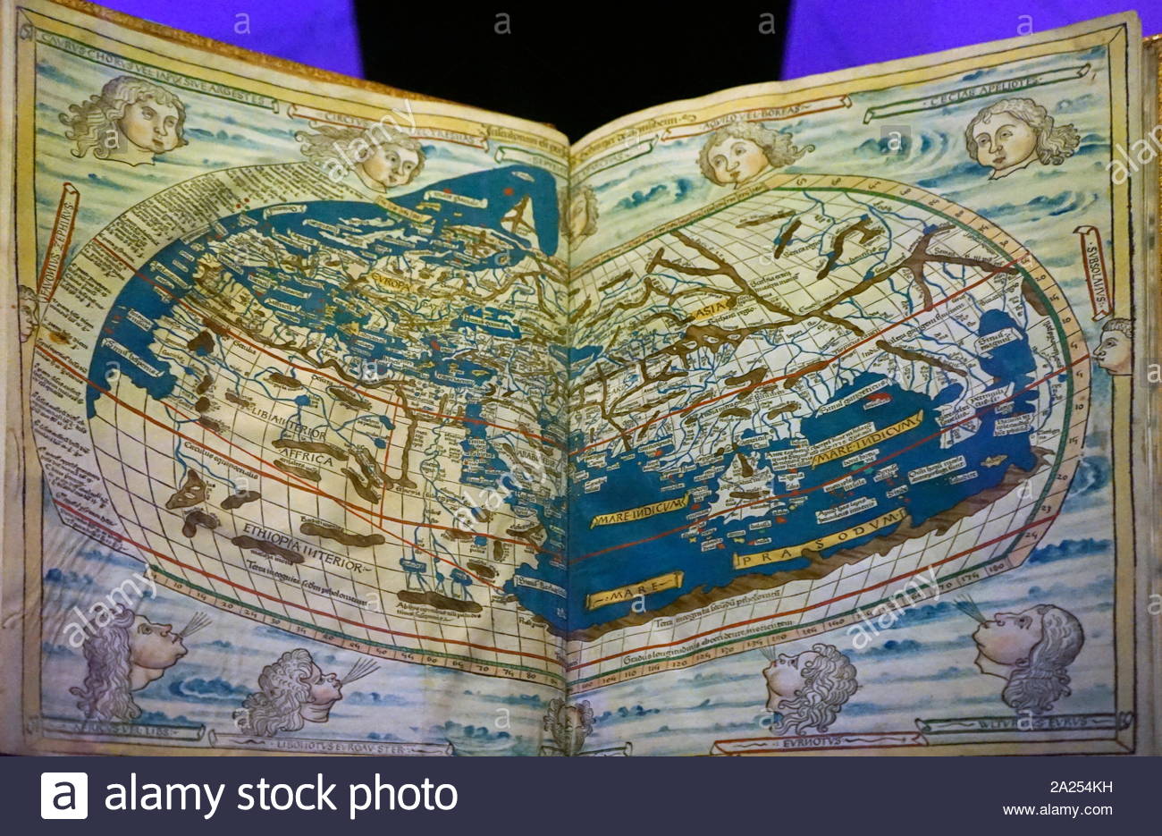 The Ptolemy world map is a map of the world known to Hellenistic society in the 2nd century. It is based on the description contained in Ptolemy's book Geography, written c. 150. Based on an inscription in several of the earliest surviving manuscripts, it is traditionally credited to Agathodaemon of Alexandria. Stock Photo