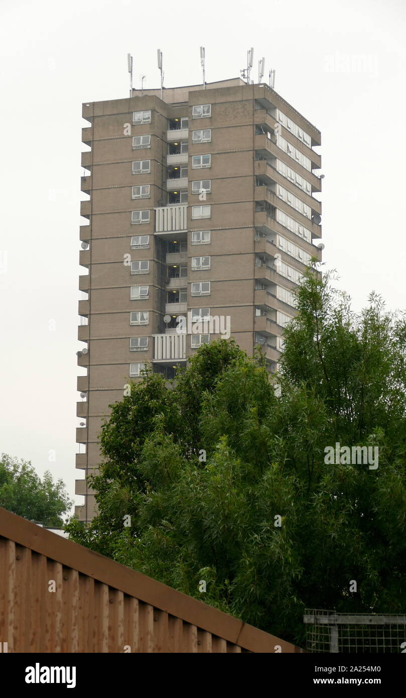Tower block in West London. Tower blocks in the United Kingdom, were subject to inspection by Fire and safety officials after the Grenfell Tower fire in London. The fire occurred on 14 June 2017. at the 24-storey Grenfell Tower block of public housing flats in North Kensington, West London. It caused at least 80 deaths Stock Photo