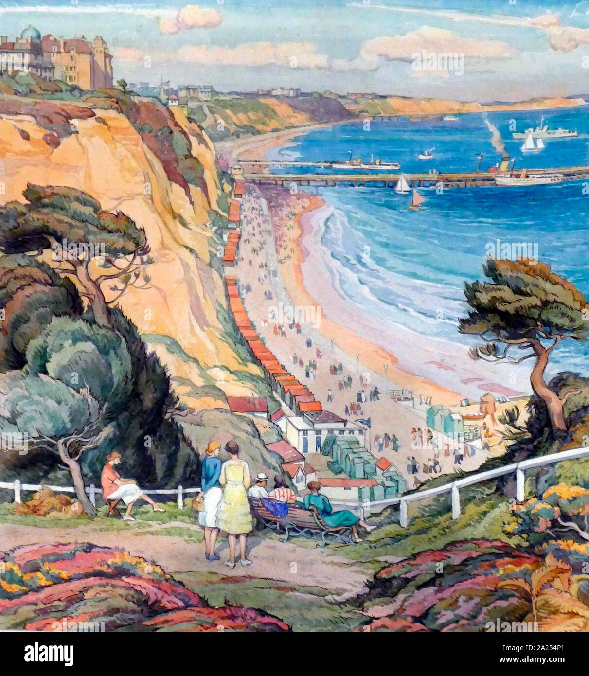 The Bay from Durley Chine, 1920-1930. Painted by Leslie Moffatt Ward (1888-1978). Watercolour on paper Stock Photo