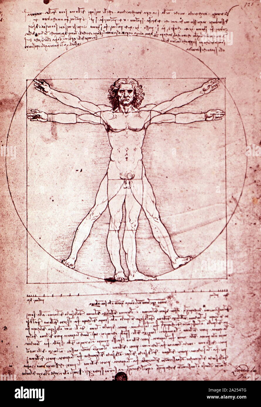 The Vitruvian Man, 1490; Pen and ink. Circa 1514-16. By Leonardo da Vinci (1452 - 1519), the Italian Renaissance polymath. The Vitruvian Man is accompanied by notes based on the work of the architect Vitruvius. The drawing and text are sometimes called the Canon of Proportions or, less often, Proportions of Man. Da Vinci was expert in invention, painting, architecture, science and engineering. considered one of the greatest painters of all time he epitomised the Renaissance humanist ideal. Stock Photo