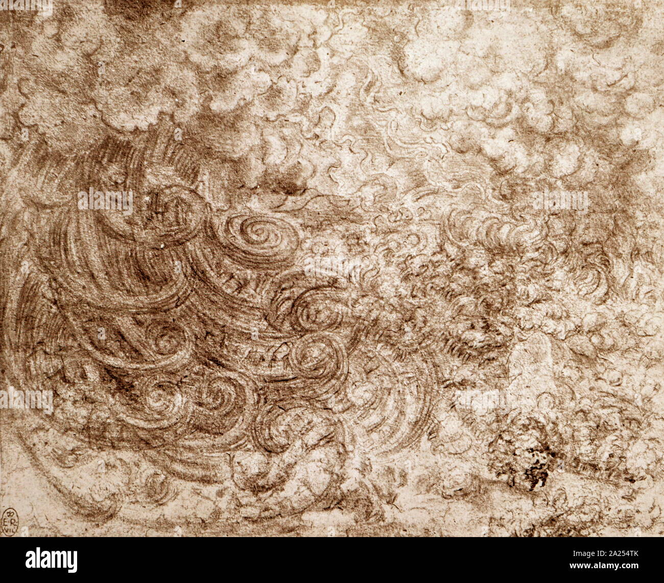 The Deluge VII. Coils of Lightening and rain; Black chalk. Circa 1514-16. By Leonardo da Vinci (1452 - 1519), an Italian Renaissance polymath. Da Vinci was expert in invention, painting, architecture, science and engineering. considered one of the greatest Stock Photo