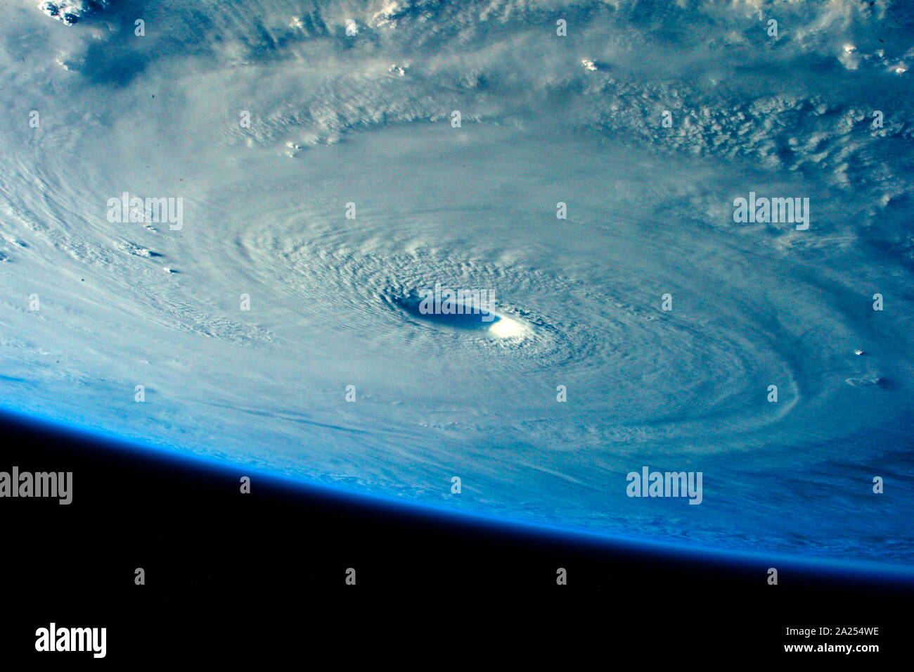 Typhoon Maysak, known in the Philippines as Typhoon Chedeng, was the most powerful pre-April tropical cyclone on record in the North-western Pacific Ocean. Photographed from the International Space Station 2015 Stock Photo