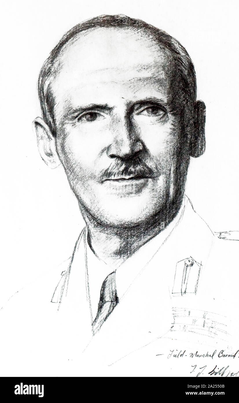 Pencil Portrait of Field Marshal Bernard Montgomery, 1st Viscount Montgomery of Alamein, British Army officer and a major commander of the allied forces during the Second World War,  By J J Hilbert. Stock Photo