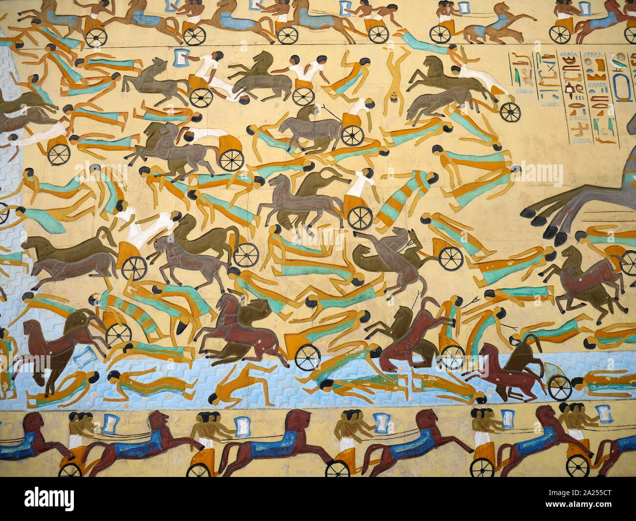 Reconstruction of a painted fresco depicting a battle scene in ancient Egypt. Stock Photo