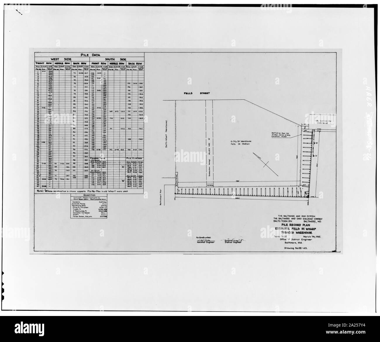 Photocopy of drawing, Baltimore and Ohio Railroad, District Engineer's Office, 1942 PILE RECORD PLAN, RECONSTRUCTION OF FELLS STREET WHARF, TOBACCO WAREHOUSE - Baltimore and Ohio Railroad, Tobacco Warehouse, 1000-1001 Fell Street, Baltimore, Independent City, MD; Henderson, James A; Yearby, Jean P; Schamp, J. Brough; Stock Photo