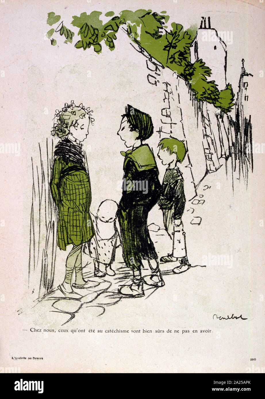 cartoon by Francisque Poulbot, showing children conversing in a Paris street 1908 Stock Photo