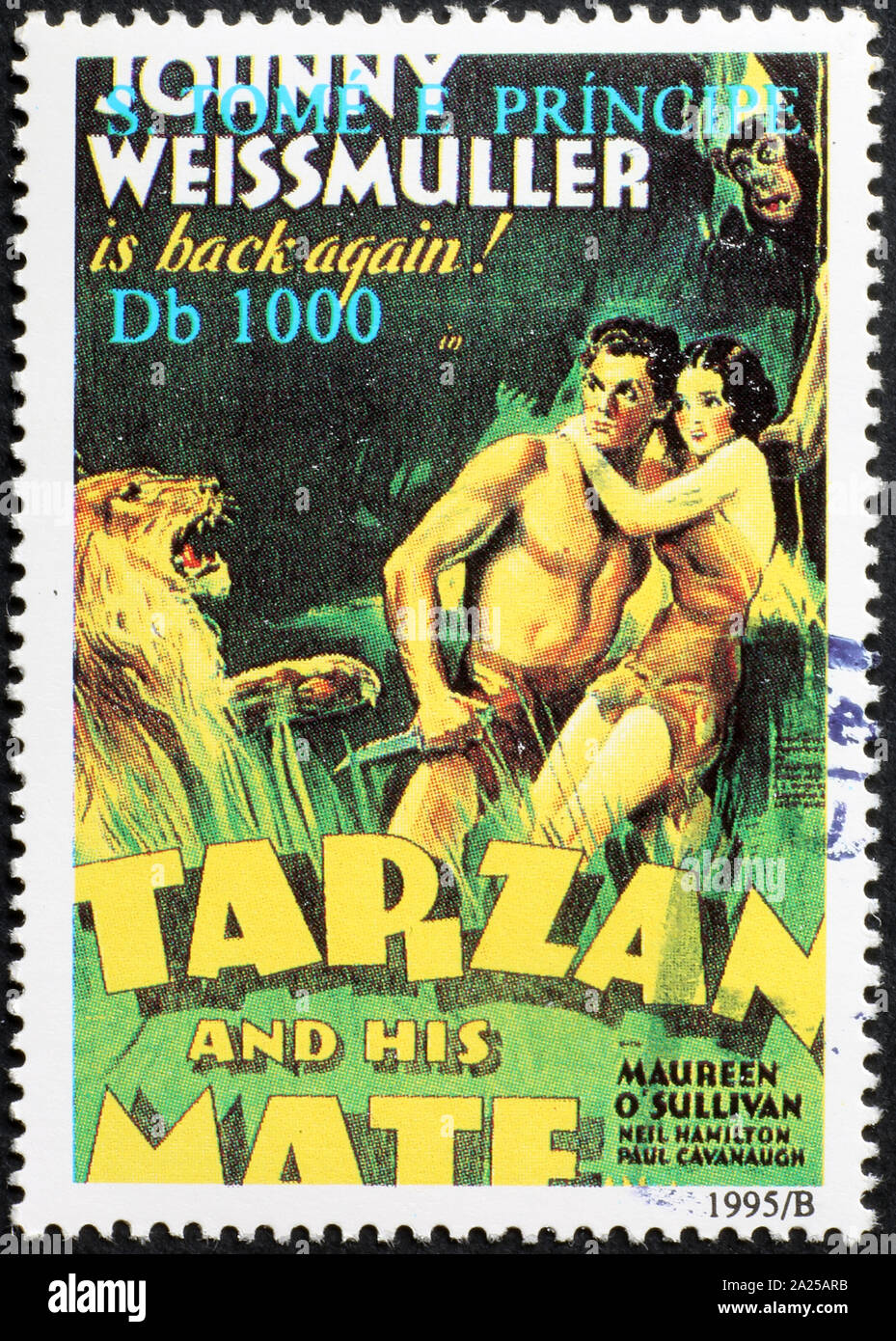 Poster of Johnny Weissmuller as Tarzan on postage stamp Stock Photo