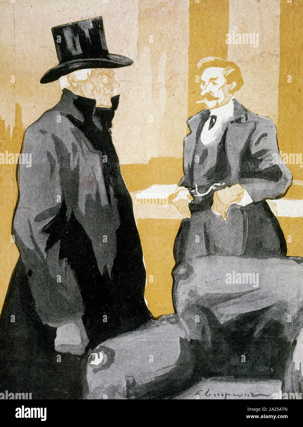 Illustration dated 1906, in French Magazine, depicting two men in conversation Stock Photo
