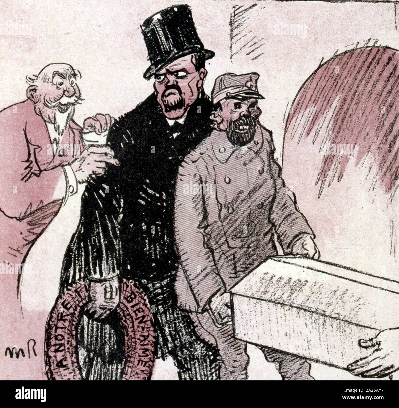1909 French illustration depicting prison inspector being distracted as ...
