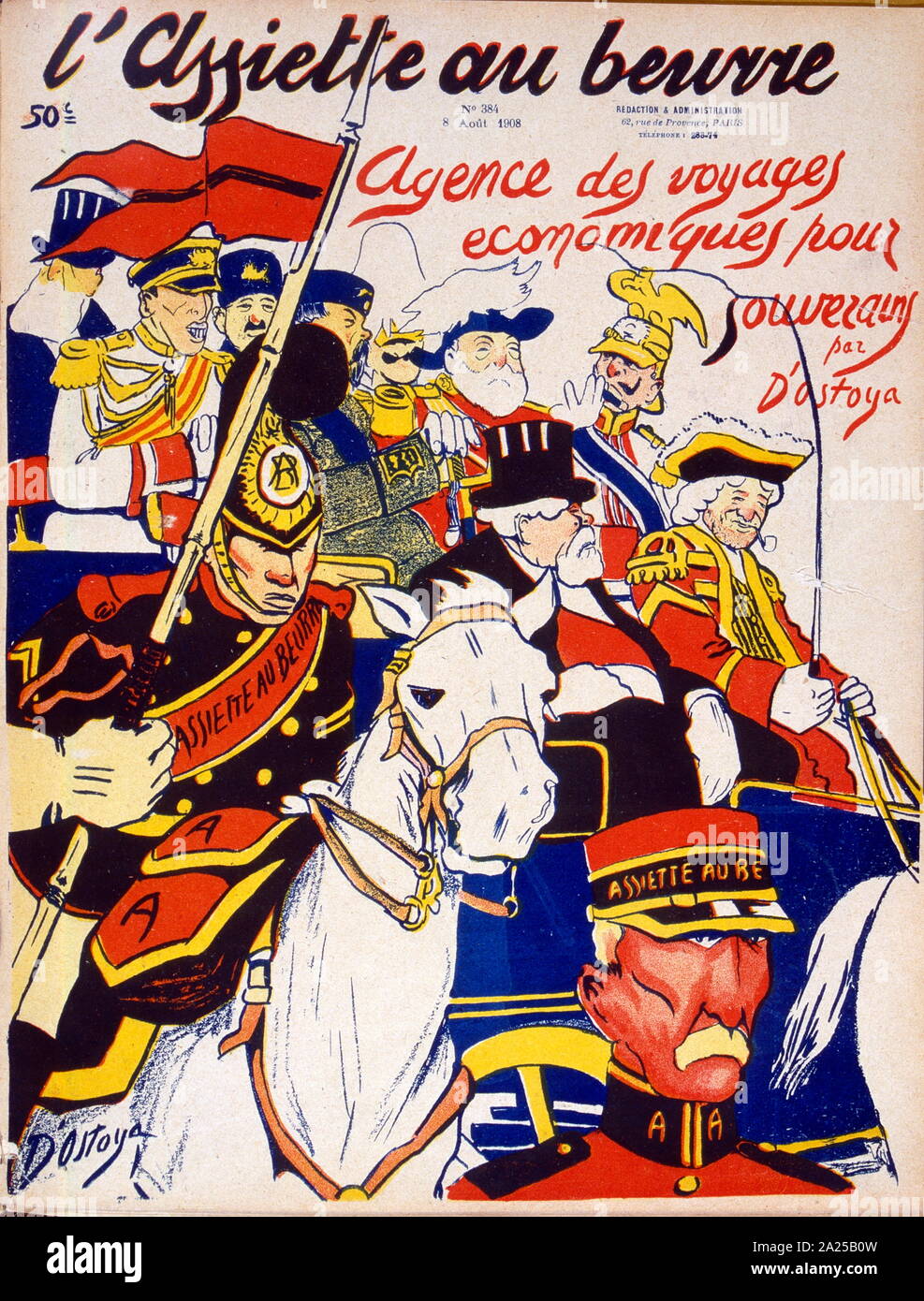 French satirical illustration, 1908, showing, European monarchs including King Alfonso XIII of Spain, Ferdinand I of Bulgaria, King Edward VIII of Britain and Kaiser Wilhelm II of Germany Stock Photo