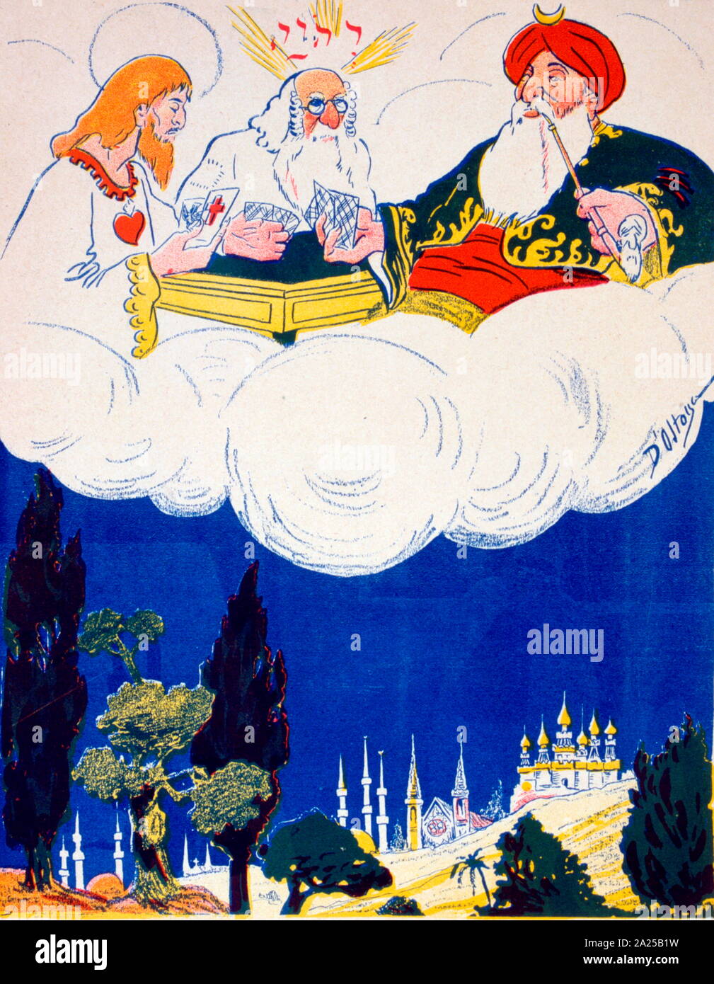 French satirical illustration, showing, religious cohesion and equality ...