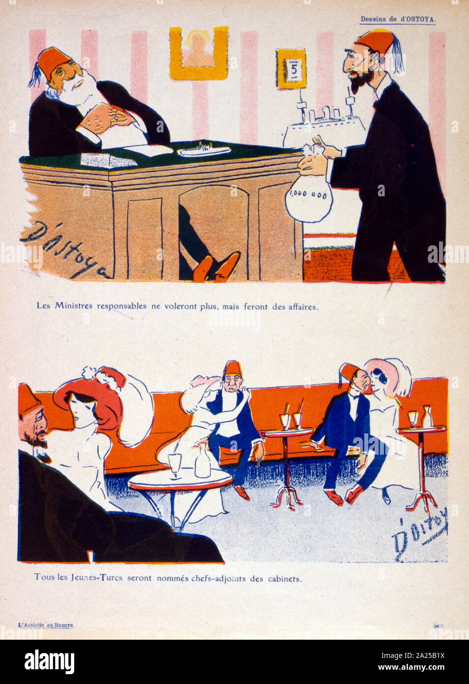 French satirical illustration, showing, corruption and vice in Turkey, before the Young Turk Revolution (July 1908) deposing Sultan Abdul Hamid II, of the Ottoman Empire Stock Photo