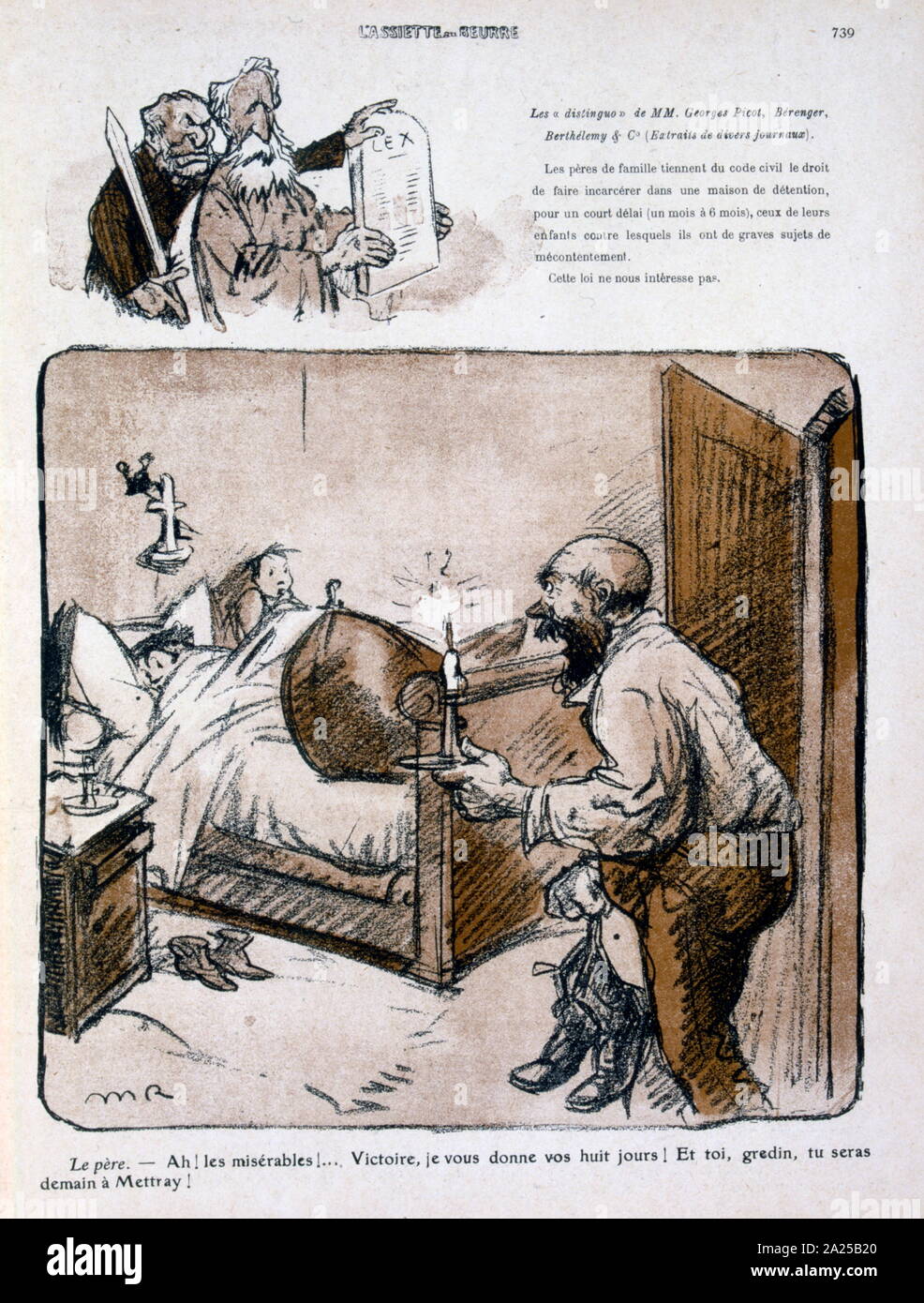 French satirical illustration, 1909, showing, children woken rudely for work, in a correctional facility Stock Photo