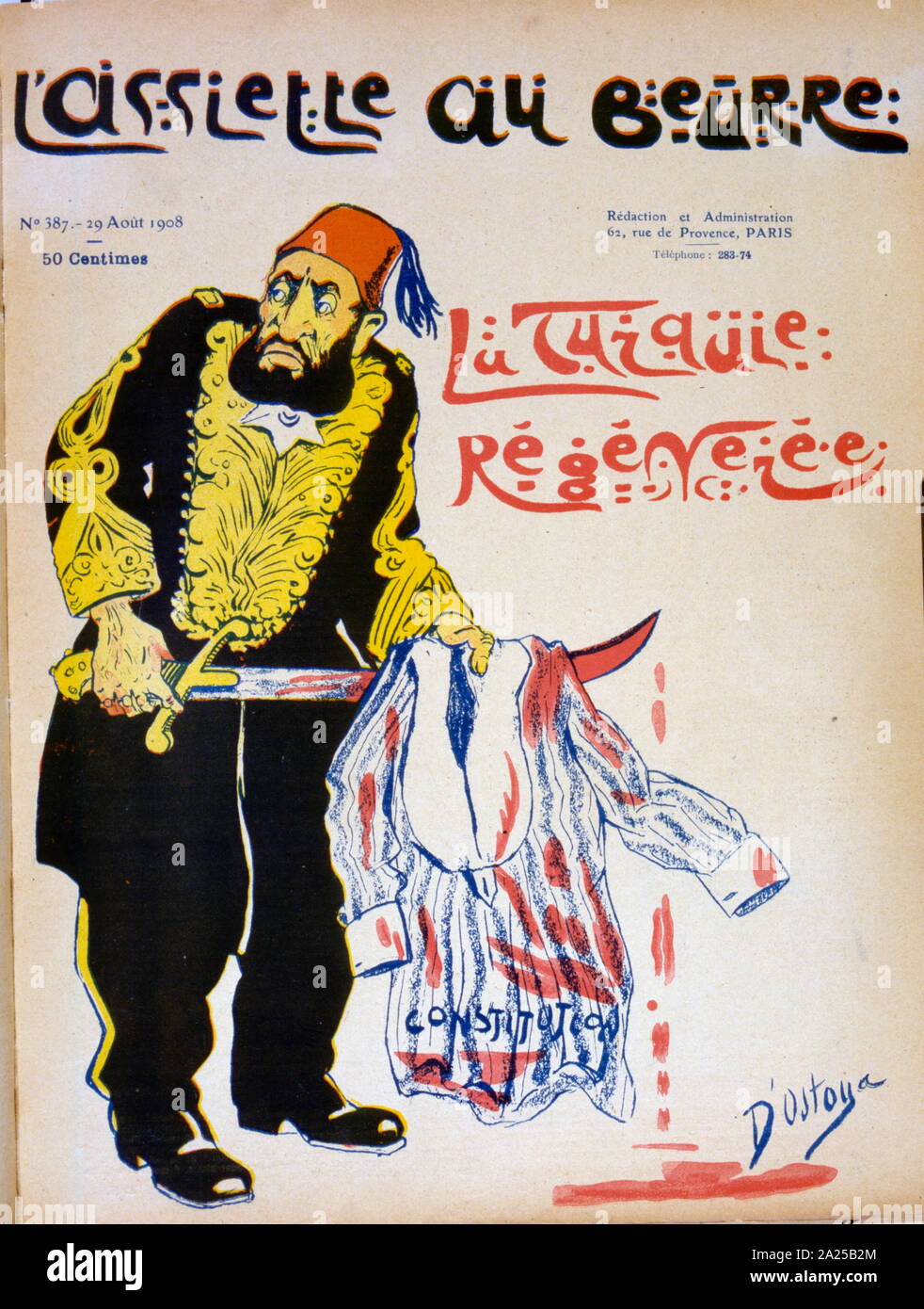 French satirical cartoon depicting Sultan Abdul Hamid II of Turkey before the 1908 Young Turks revolt which deposed him Stock Photo