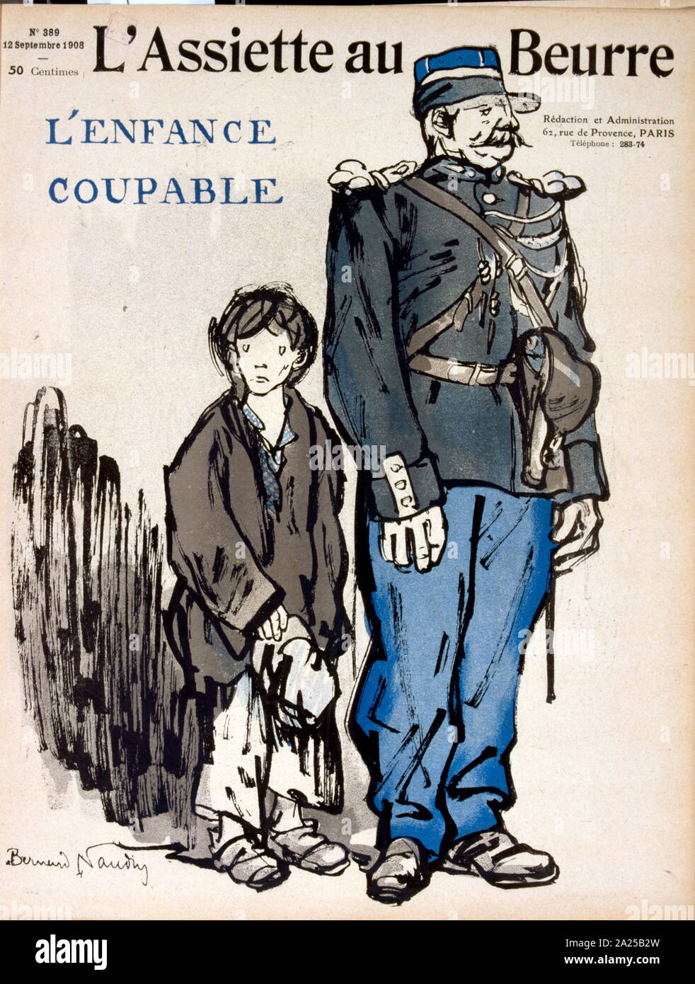 French illustration showing a police officer (gendarme) with a poor street orphan 1908 Stock Photo