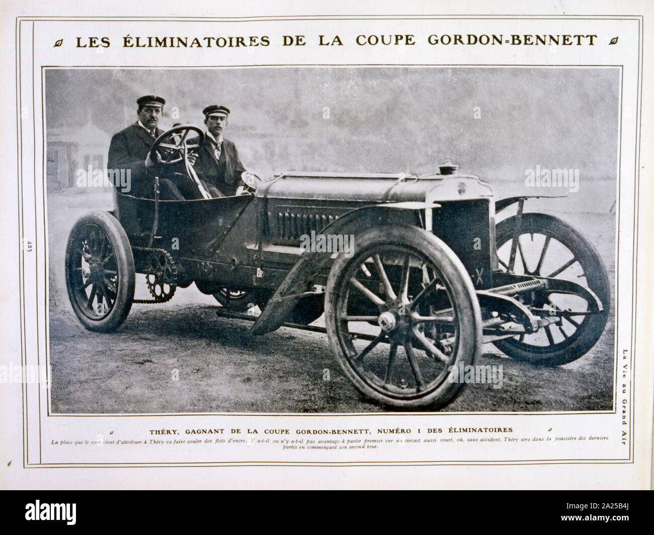 In 1905, the last of the six Gordon-Bennett Cup Races, took place in France on July 5 over a 137 km mountainous circuit in the Auvergne near to Clermont-Ferrand. Frenchman Leon Thery (left), on a 96 hp Richard-Brasier won for the second year in a row. Stock Photo