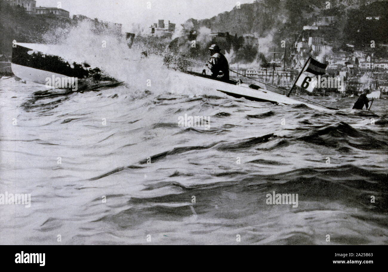 The Spanish boat Madrioto steered by its' pilot, M Vorgas Machucha, won the 1905, Monaco motor-launch race Stock Photo