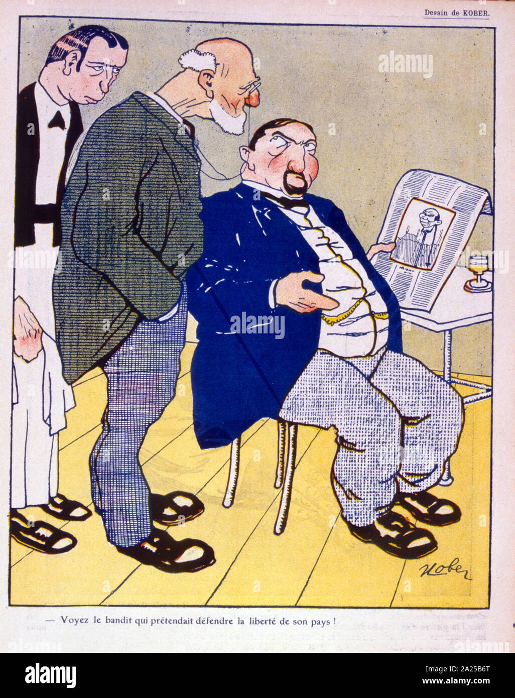 French satirical illustration showing two men looking at a newspaper and discussing political freedoms. It may be a reference to turmoil in China following the accession of the last emperor in 1908 Stock Photo
