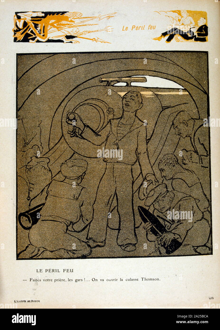 Illustration from a French, satirical magazine showing Naval gunners loading a cannon 1908 Stock Photo