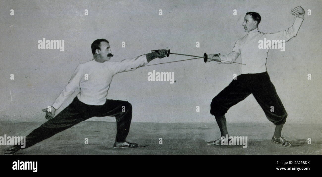 Vintage fencing match between Rossignol and De Smedt 1905 Stock Photo