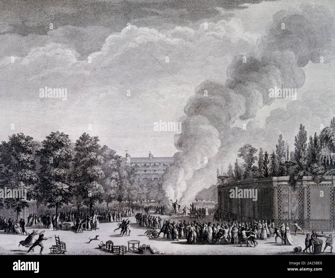 Effigy of the Pope (Pius VI), is burned in the grounds of the Palais Royal, during the French Revolution 1791 Stock Photo