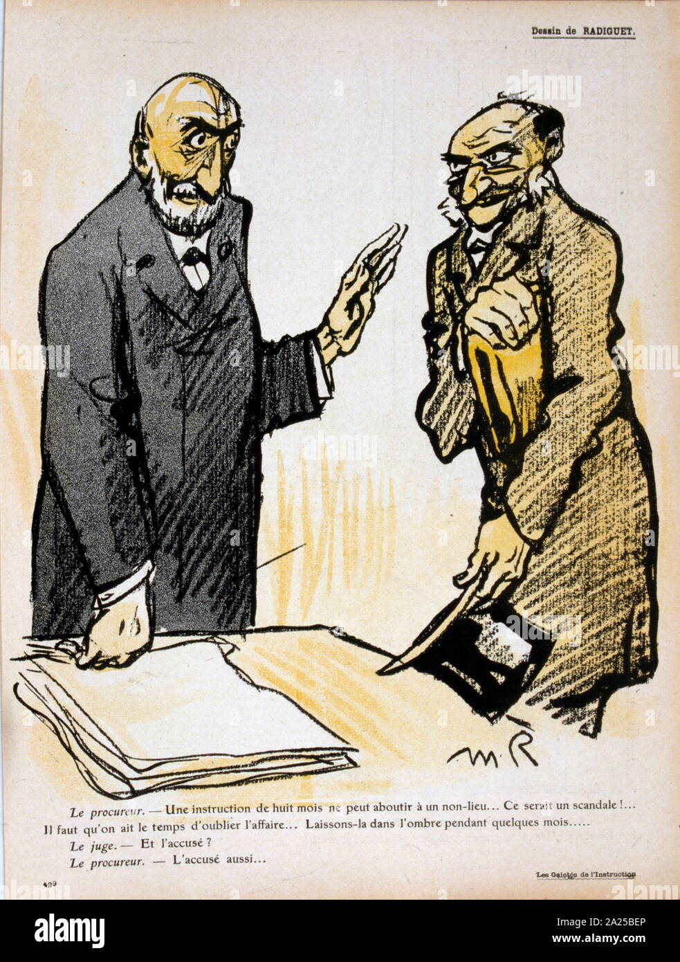 Illustration depicting a French judge applying the full weight of the