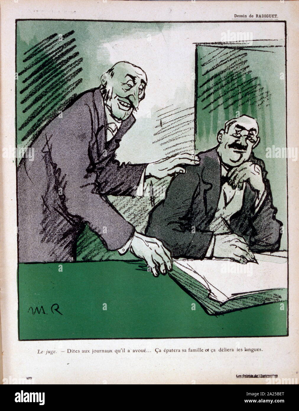 Illustration depicting a French judge influenced by a lawyer. 1908 Stock Photo