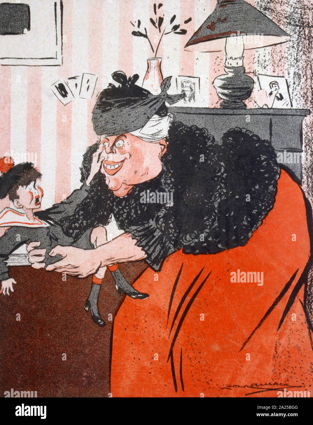 French satirical Illustration, depicting an overwhelming grandmother picking up her fearful grandson. 1907 Stock Photo