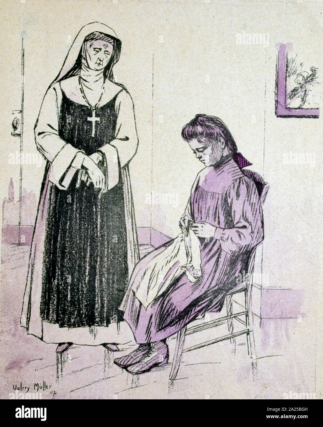 French satirical Illustration, depicting an orphan in a church orphanage as a nun looks on. 1907 Stock Photo