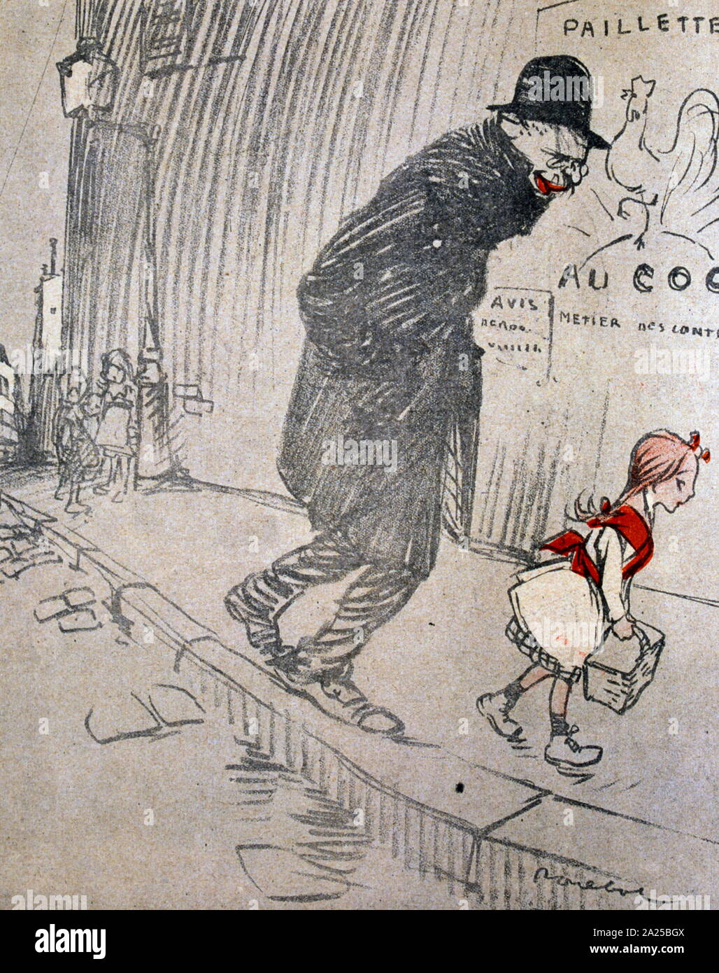 French satirical Illustration, depicting a man encountering a girl on a walk in a street. 1907 Stock Photo
