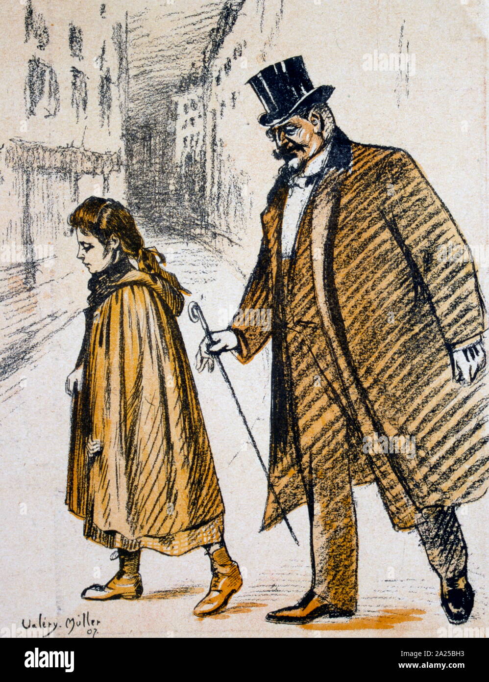 French satirical Illustration, depicting a man accosting a girl on a walk in a street. 1907 Stock Photo