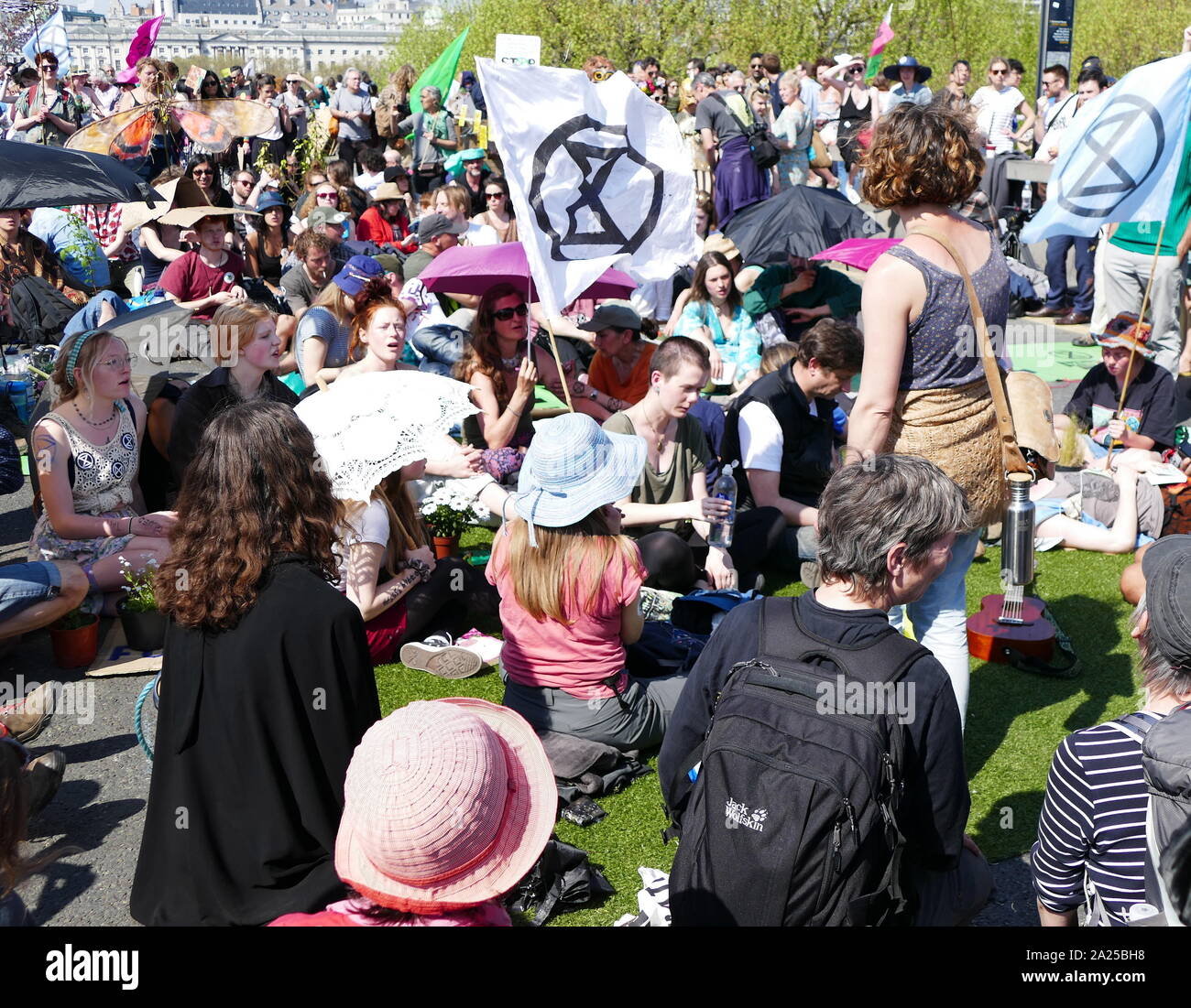 Extinction Rebellion climate change protesters protest peacefully, by occcupying Waterloo Bridge, in London. April 20th 2019 Stock Photo