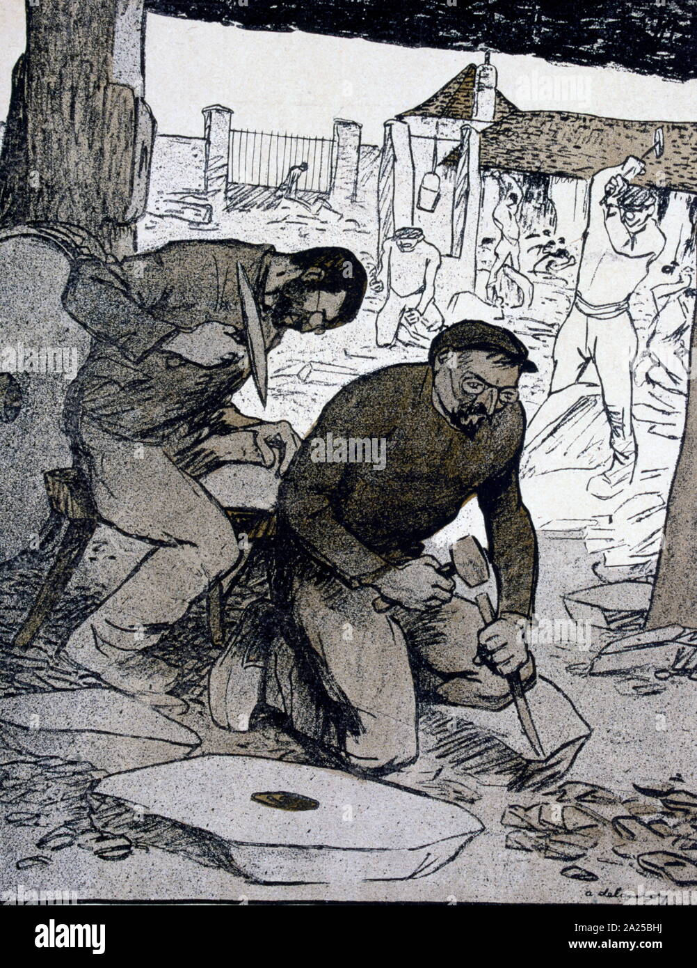 stonemasons working with no protective clothing. 1907 Stock Photo