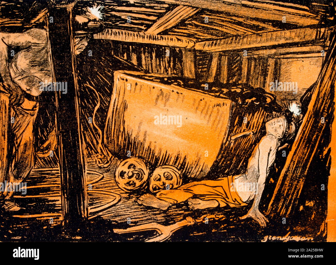 French satirical Illustration, depicting coal miners working in dangerous conditions. 1907 Stock Photo