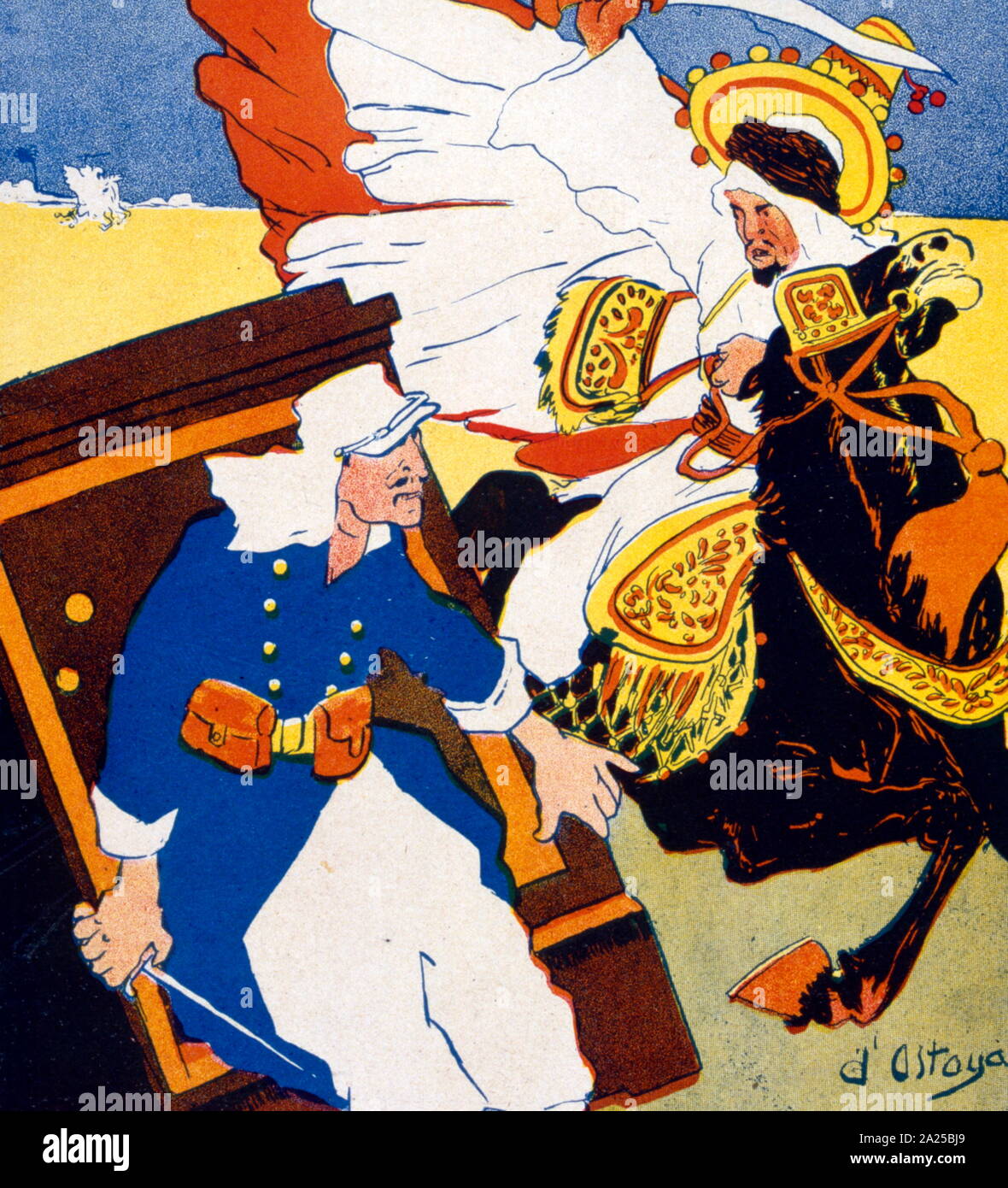 French satirical Illustration, depicting an Arab attacking a colonial soldier in Algeria 1908 Stock Photo