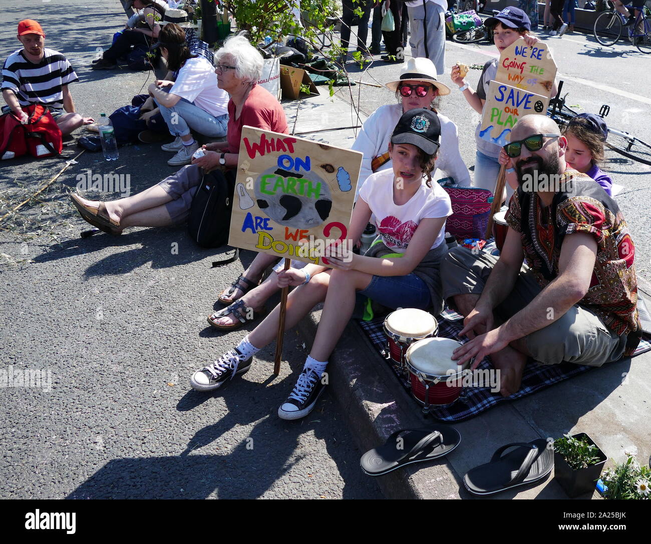 Extinction Rebellion climate change protesters protest peacefully, by occcupying Waterloo Bridge, in London. April 20th 2019 Stock Photo