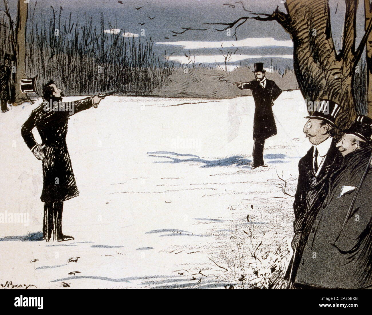French satirical Illustration, depicting a duel between two rivals. 1908 Stock Photo