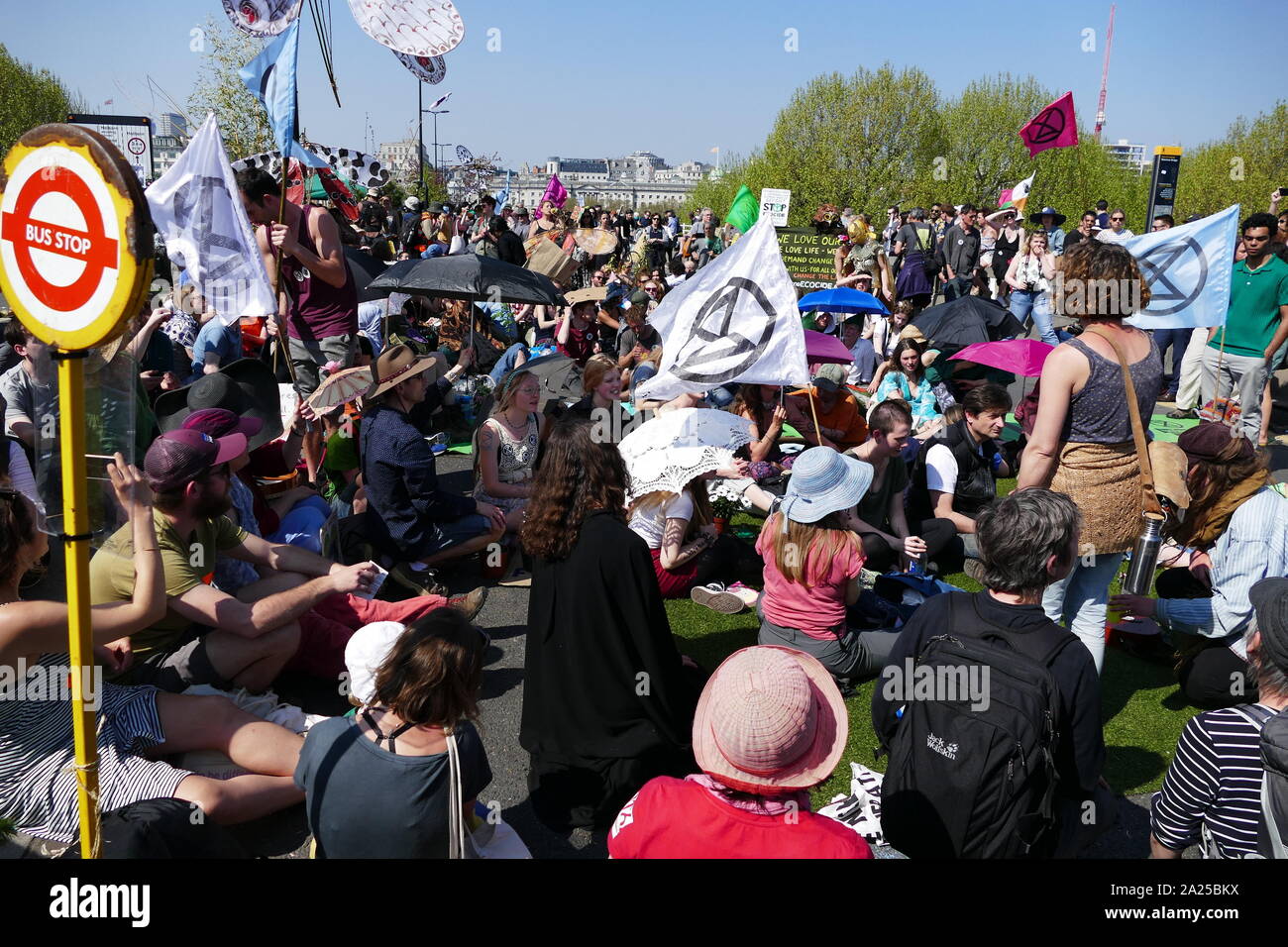 Extinction Rebellion climate change protesters protest peacefully, by occcupying Waterloo Bridge, in London. April 20th 2019 Stock Photo