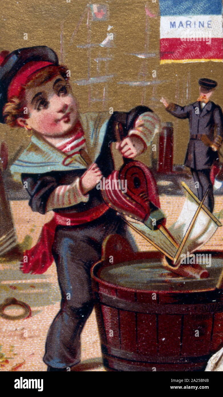 French illustration of a young naval cadet using a bellows to ignite a fire, 19th century Stock Photo