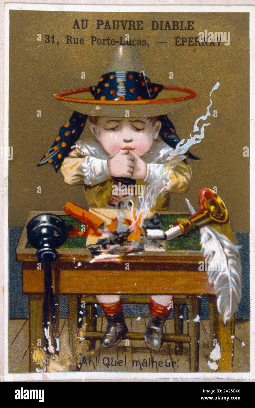 French chromolithograph illustration depicting a boy who spilt a candle and accidentally burned a letter he had written 1890 Stock Photo